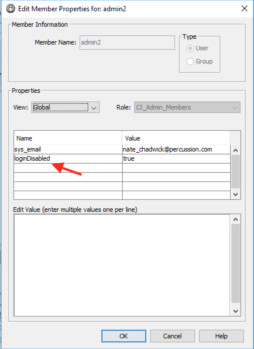 Screenshot of Server Administrator Editing the Properties of a user with loginDisabled set to true